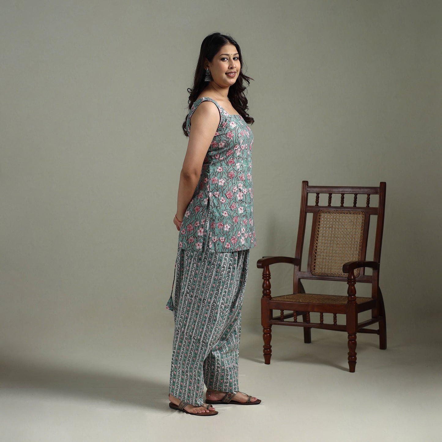 Sanganeri Hand Block Print Cotton Short Kurta with Farshi Salwar Set for women 09