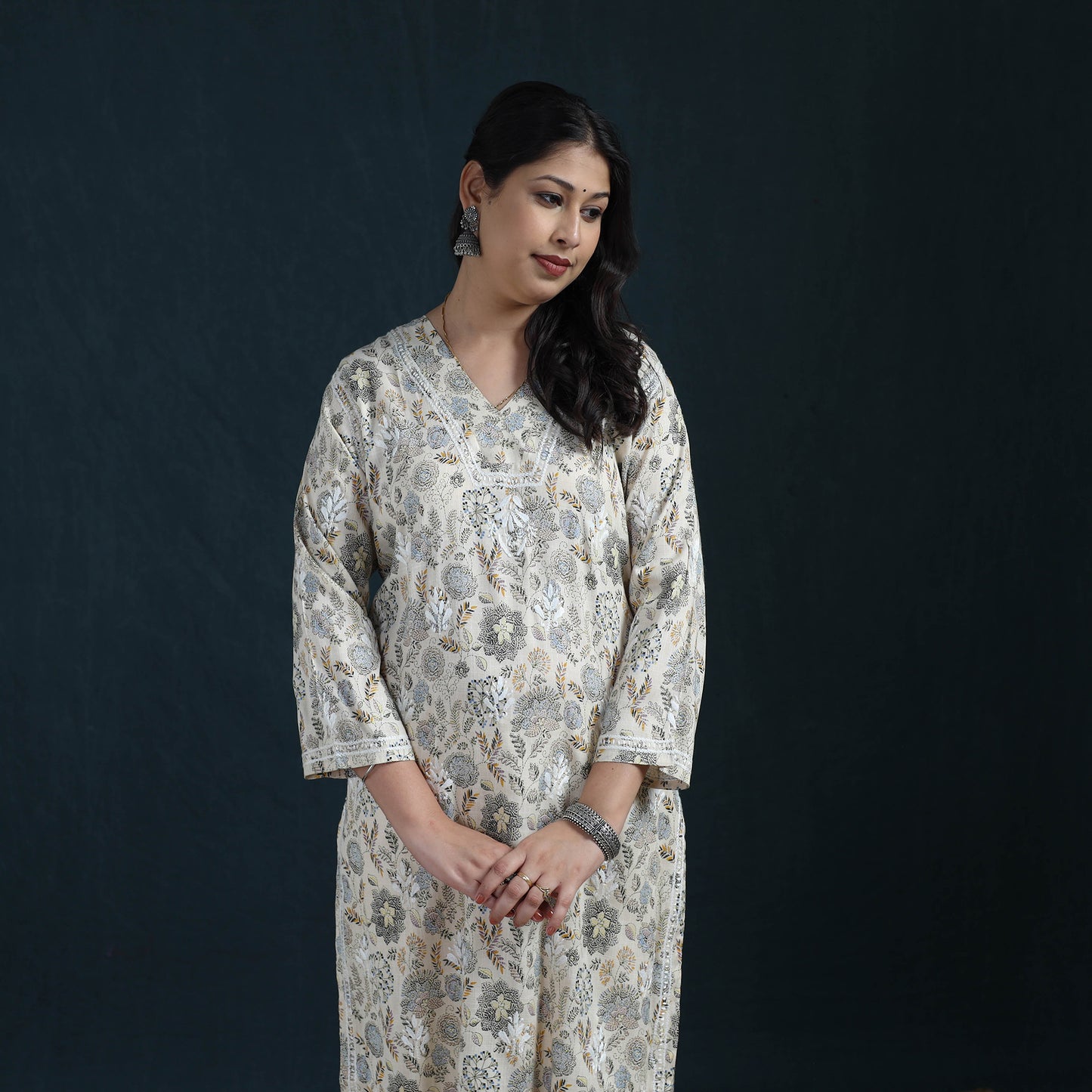 Beige - Hand Embroidered Printed Cotton Chikankari Kurta with Pant Set for Women 29