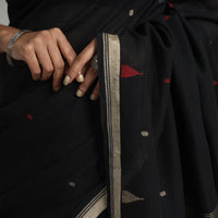 Black - Handloom Cotton Phulia Jamdani Saree with Tassels 03