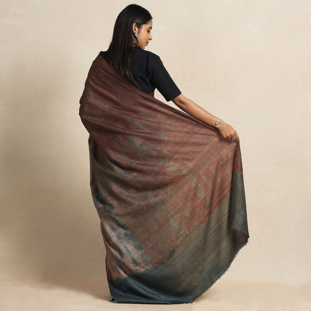 Brown - Shibori Tie-Dye Tussar Silk Handloom Saree