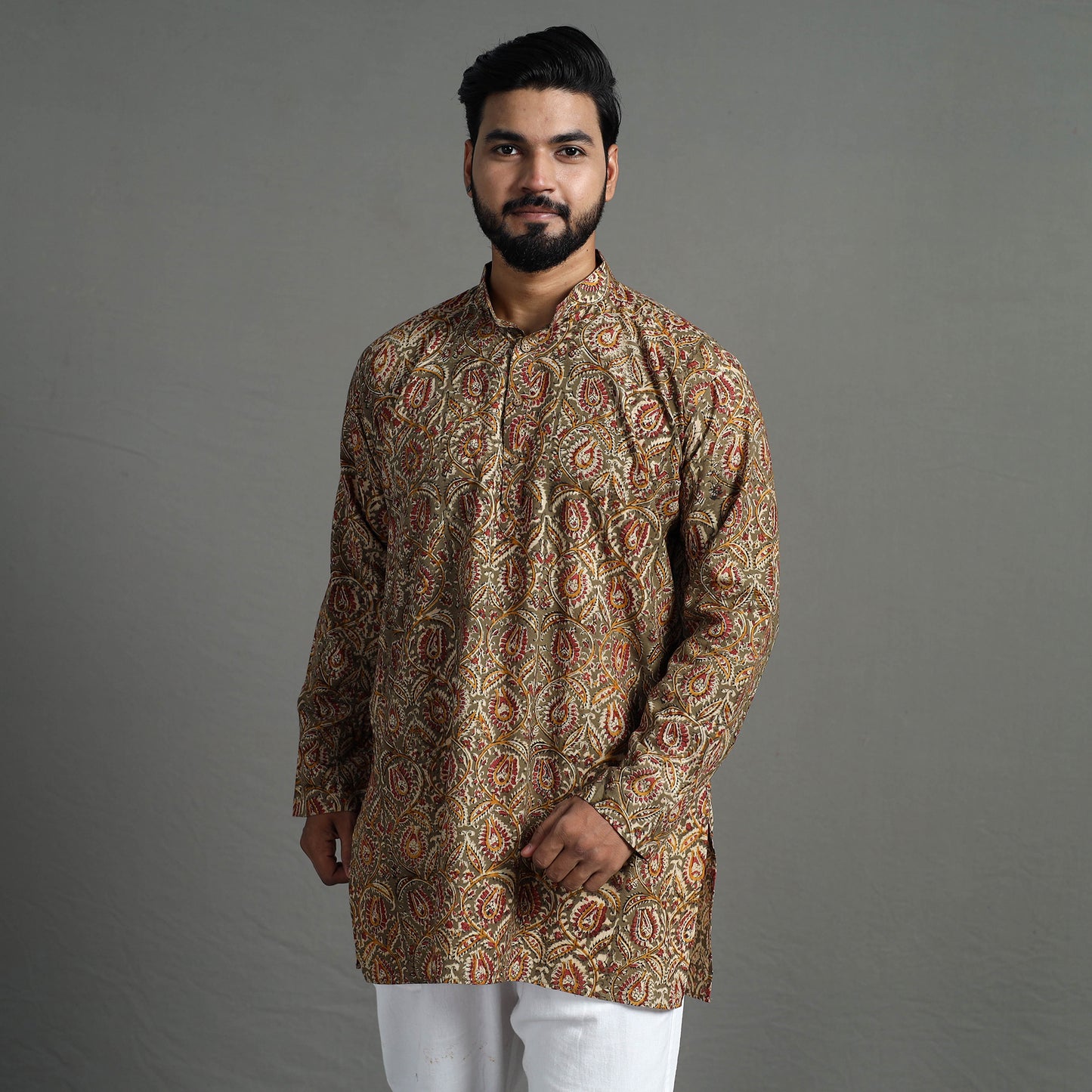 Brown - Kalamkari Block Printed Cotton Men Short Kurta