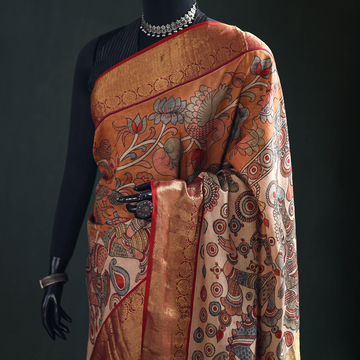 Kanjeevaram Pure Handloom Mulberry Silk Handpainted Srikalahasti Pen Kalamkari Saree with Zari Work 24