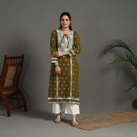 Green Handloom Cotton Straight Pochampally Double Ikat Kurta for Women