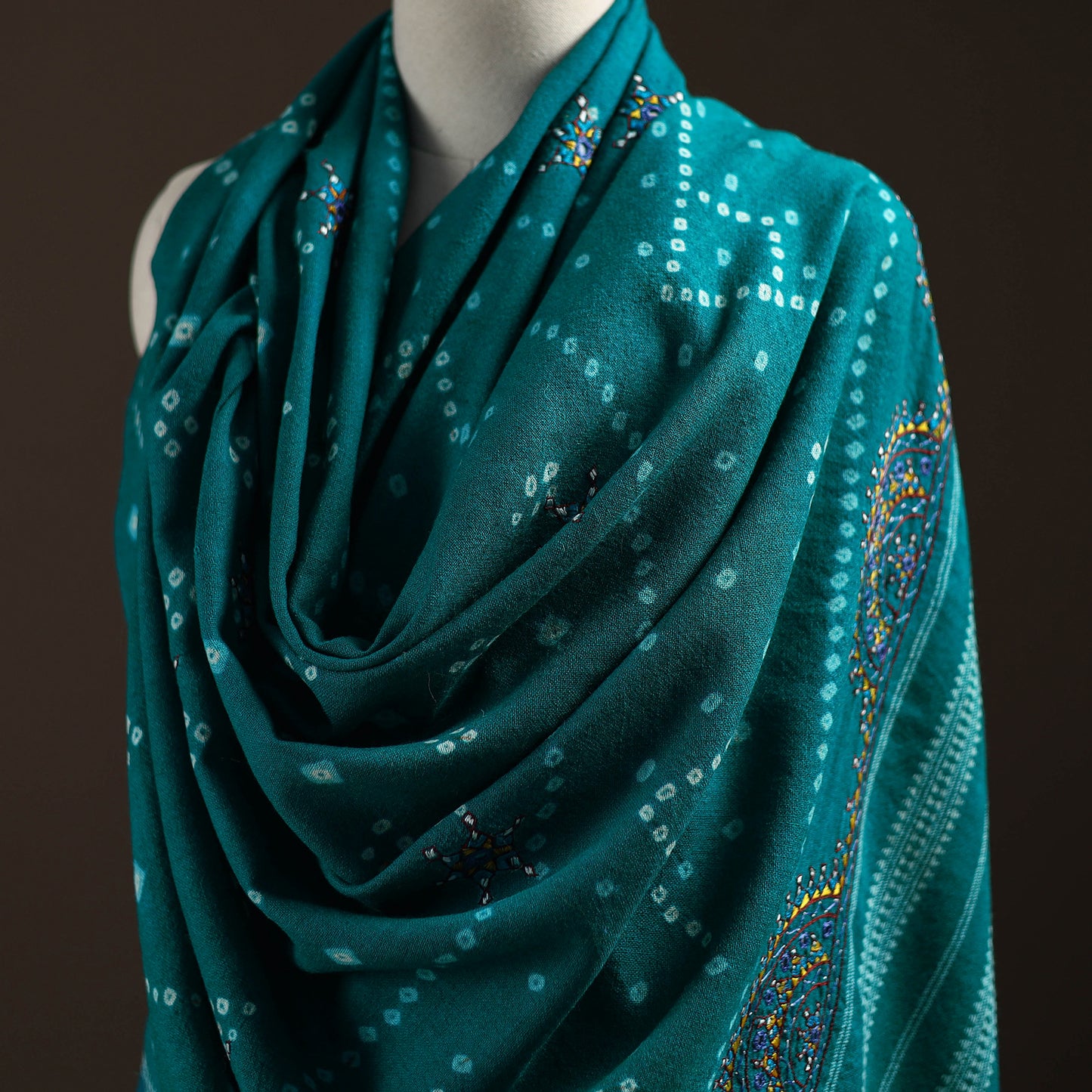 Kutch Bandhani Handwoven Neran Hand Embroidery Merino Wool Shawl 53