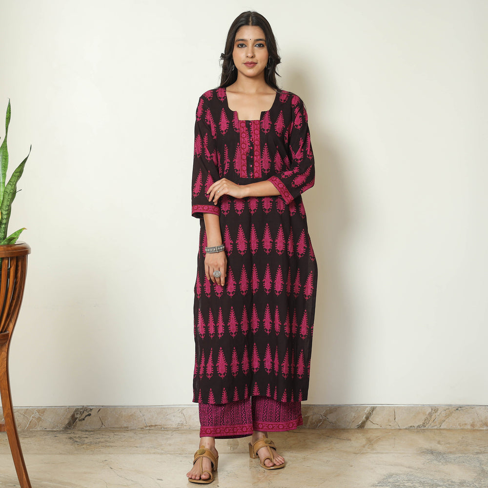 Black - Bagh Block Printed Cotton Kurta with Palazzo & Dupatta Set 13