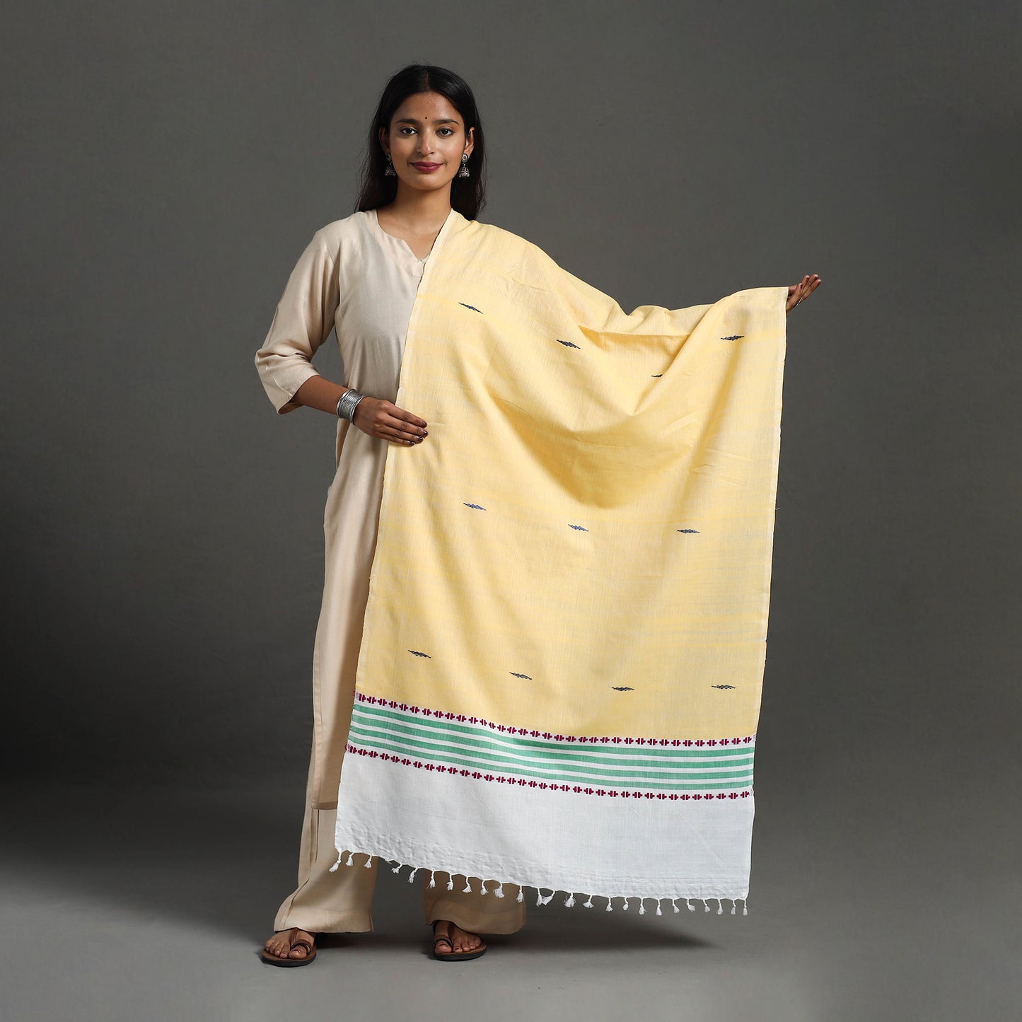 Yellow - Assam Weave Thread Buti Cotton Handloom Dupatta 08