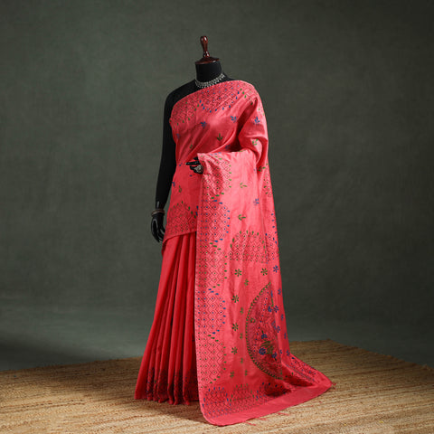 Red - Bengal Nakshi Kantha Hand Embroidered Silk Saree 46