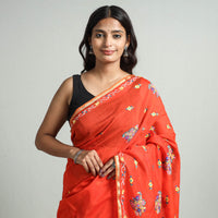 Orange - Kashidakari Hand Embroidery Pure Chanderi Silk Block Printed Saree with Zari Border 07