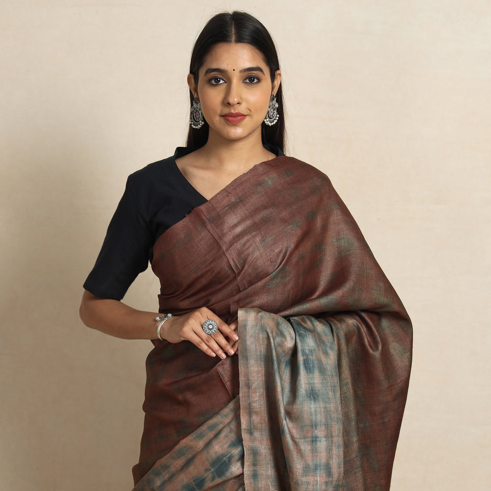 Brown - Shibori Tie-Dye Tussar Silk Handloom Saree