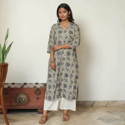 Beige - Kalamkari Block Printed Cotton Long Straight Kurta 61