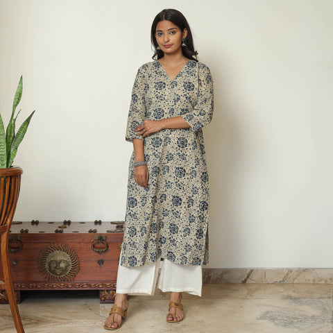 Beige - Kalamkari Block Printed Cotton Long Straight Kurta 61