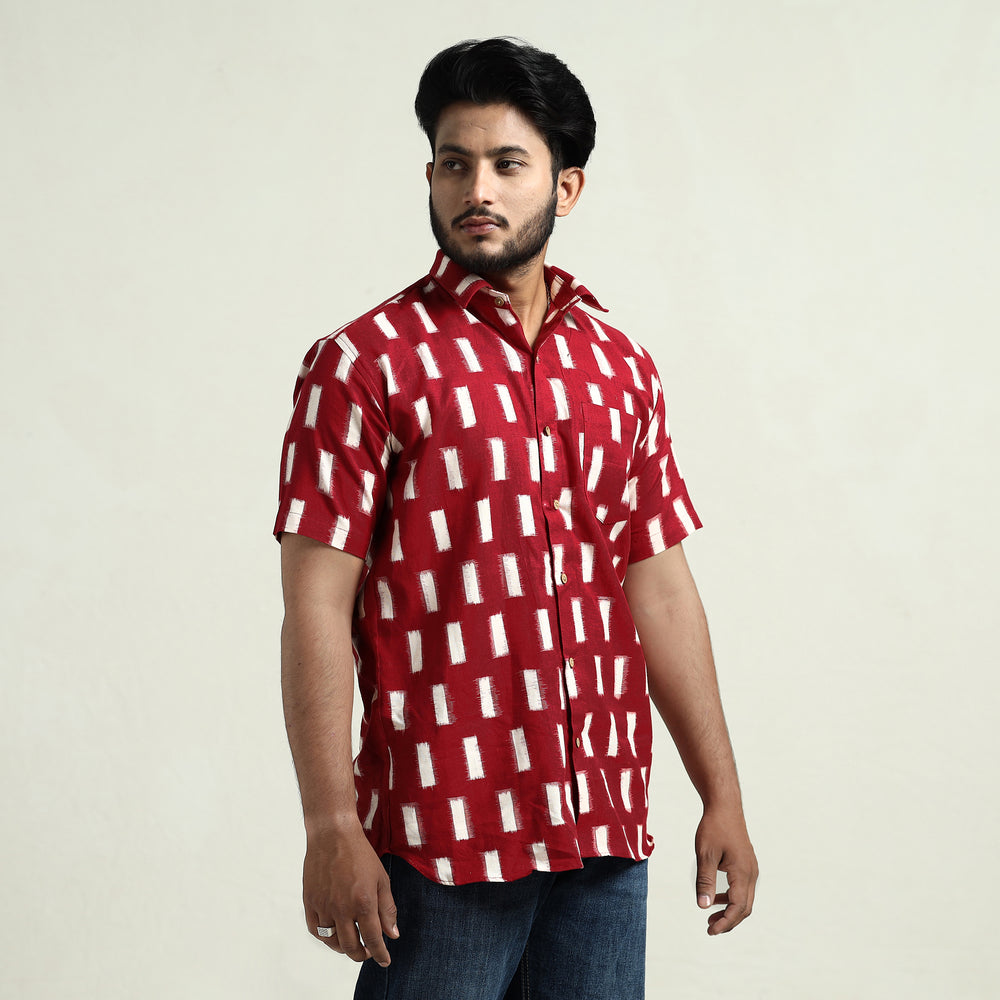 Red - Pochampally Double Ikat Handloom Cotton Men Half Sleeve Shirt 37