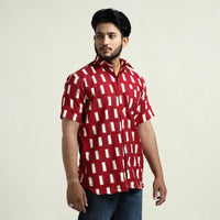 Red - Pochampally Double Ikat Handloom Cotton Men Half Sleeve Shirt 37