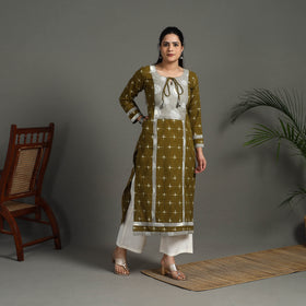 Green Handloom Cotton Straight Pochampally Double Ikat Kurta for Women