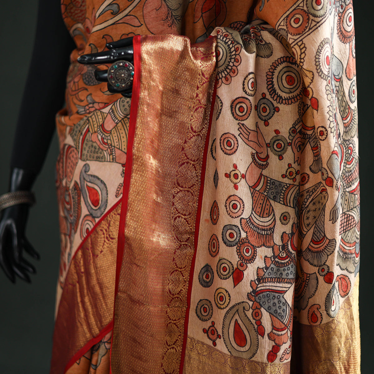Kanjeevaram Pure Handloom Mulberry Silk Handpainted Srikalahasti Pen Kalamkari Saree with Zari Work 24