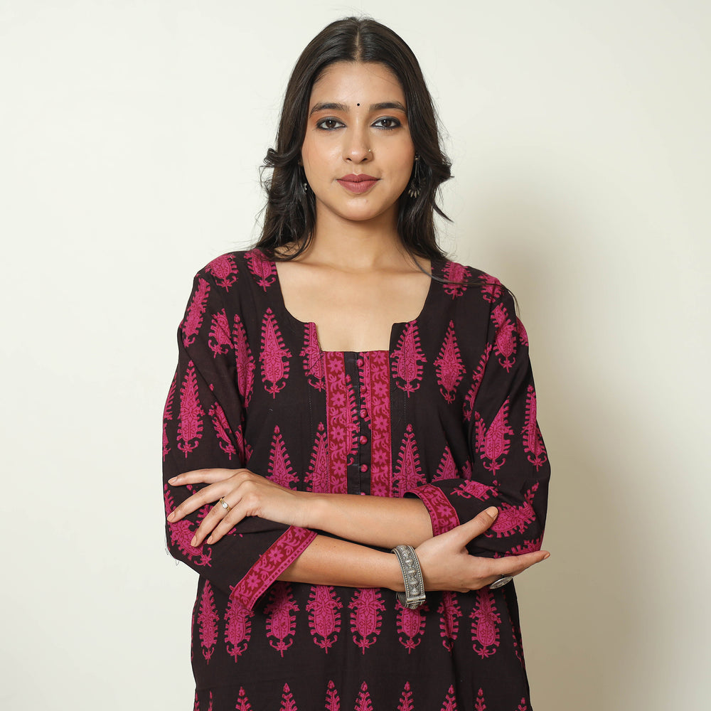 Black - Bagh Block Printed Cotton Kurta with Palazzo & Dupatta Set 13