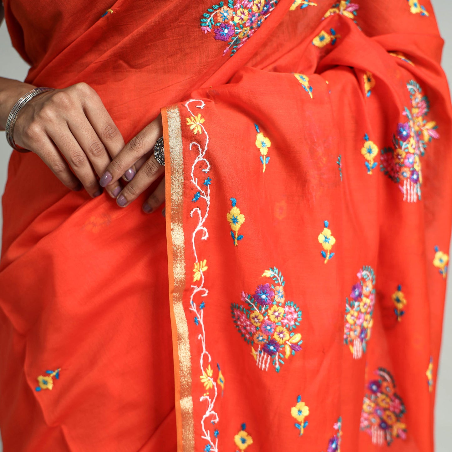 Orange - Kashidakari Hand Embroidery Pure Chanderi Silk Block Printed Saree with Zari Border 07