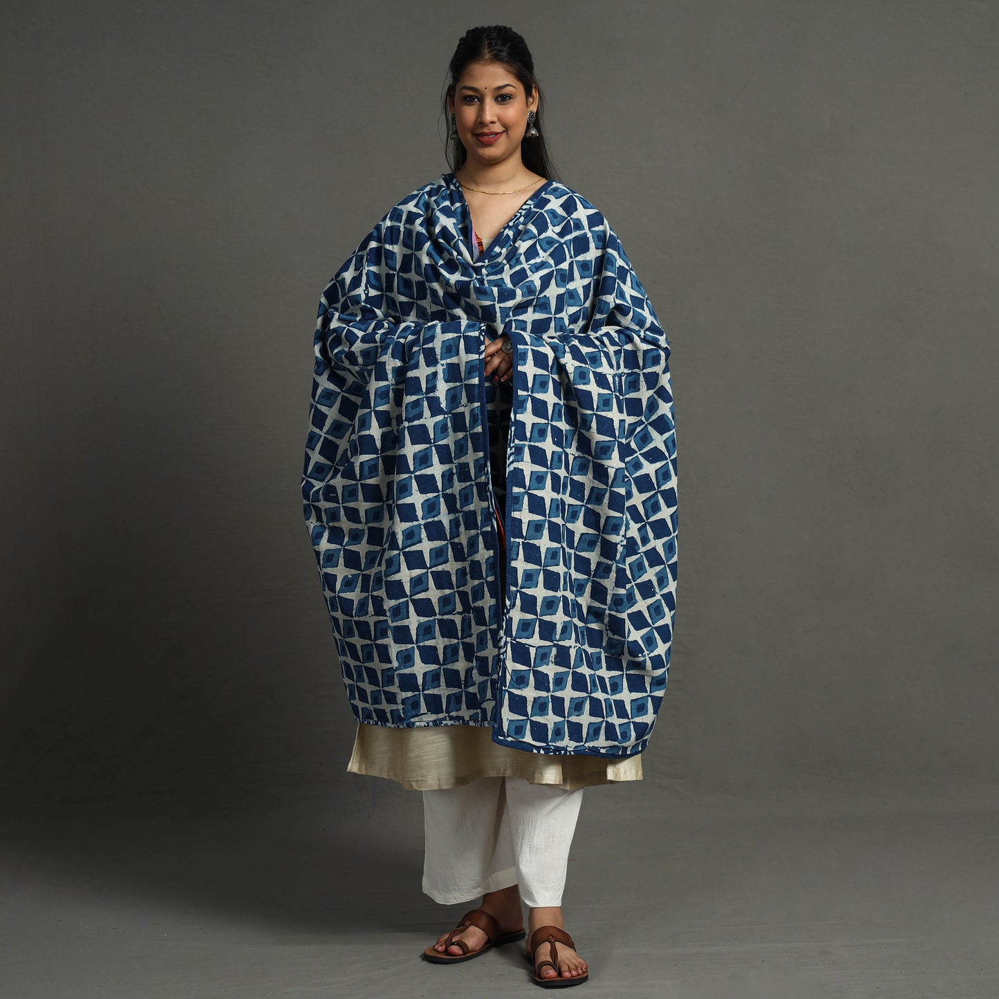 Multicolor - Indigo Reversible Patchwork Cotton Dupatta 32