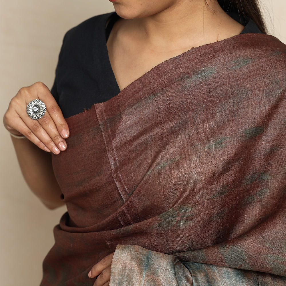 Brown - Shibori Tie-Dye Tussar Silk Handloom Saree