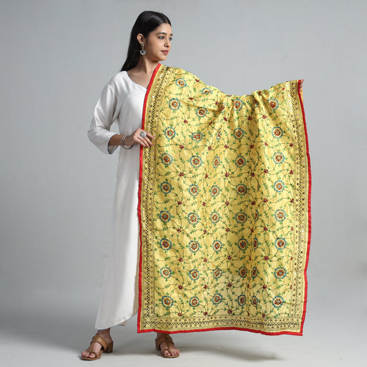 Yellow - Ranihati Chanderi Silk Chapa Work Phulkari Embroidered Dupatta 04