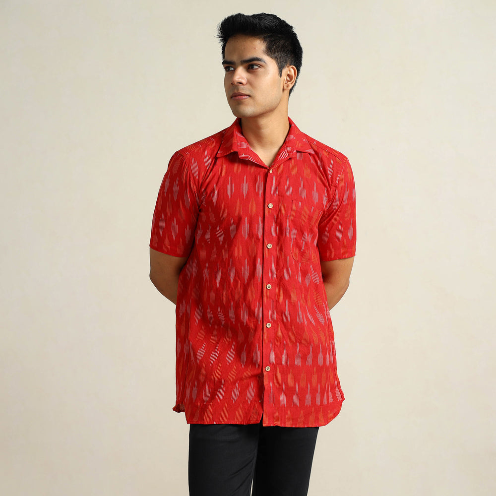 Red - Pochampally Ikat Weave Cotton Men Half Sleeve Shirt 09