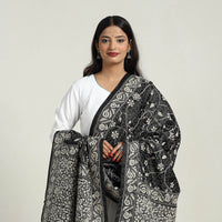 Black - Handloom Tussar Silk Bengal Kantha Embroidery Dupatta 06