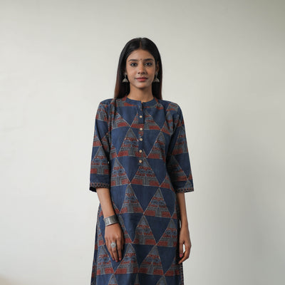 Blue - Block Printed Cotton Straight Ajrakh Kurta 04