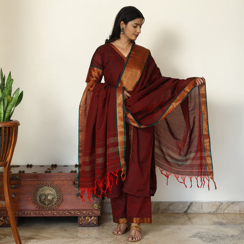 Maroon - Dharwad Cotton Kurta with Palazzo & Dupatta Set 12