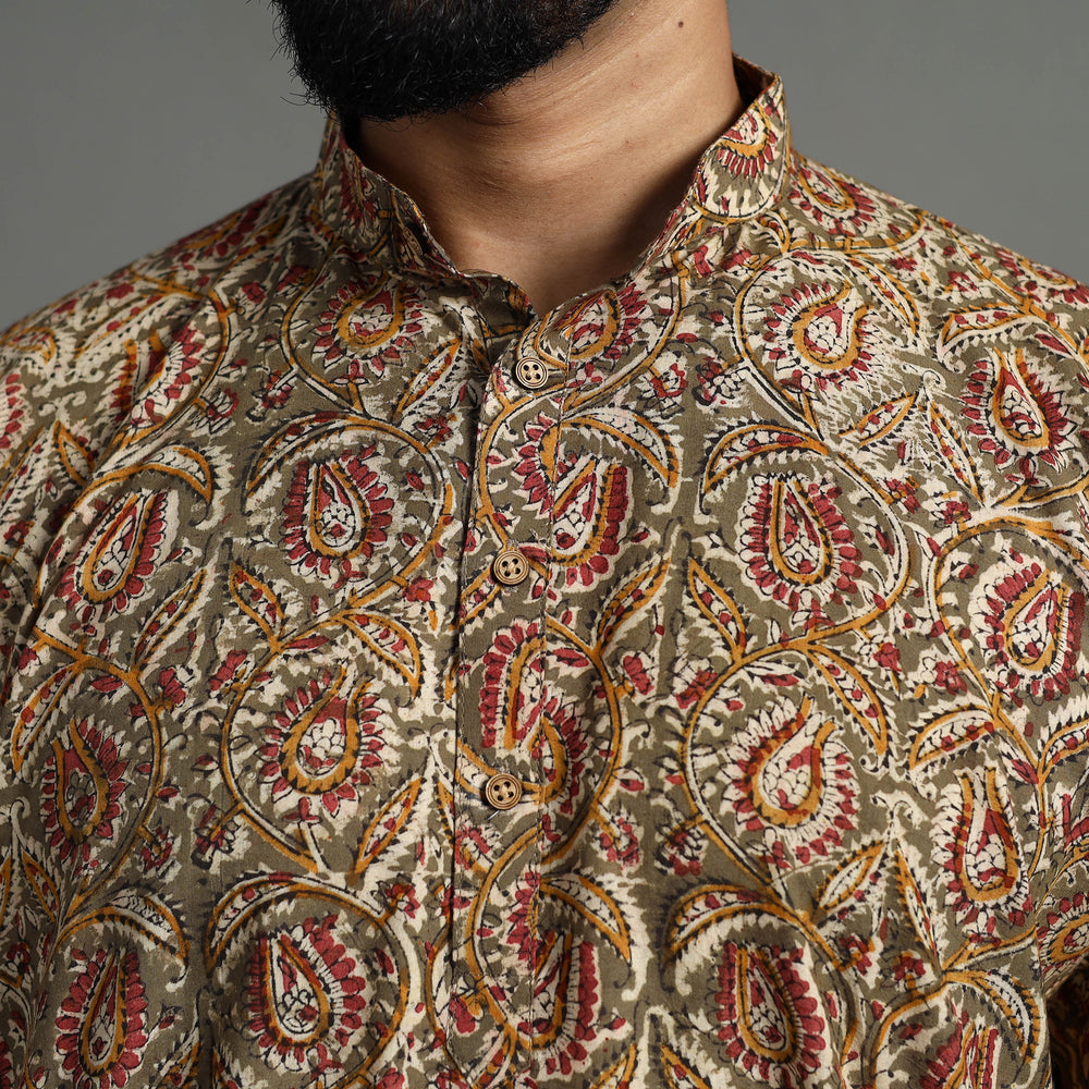 Brown - Kalamkari Block Printed Cotton Men Short Kurta