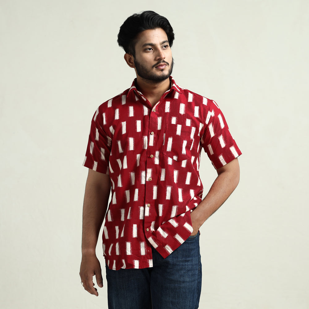 Red - Pochampally Double Ikat Handloom Cotton Men Half Sleeve Shirt 37