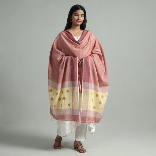 Brown - Bengal Jamdani Buti Handloom Cotton Dupatta with Tassels 35