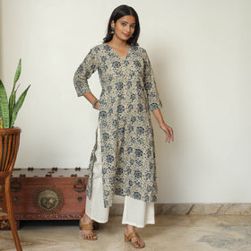 Beige - Kalamkari Block Printed Cotton Long Straight Kurta 61