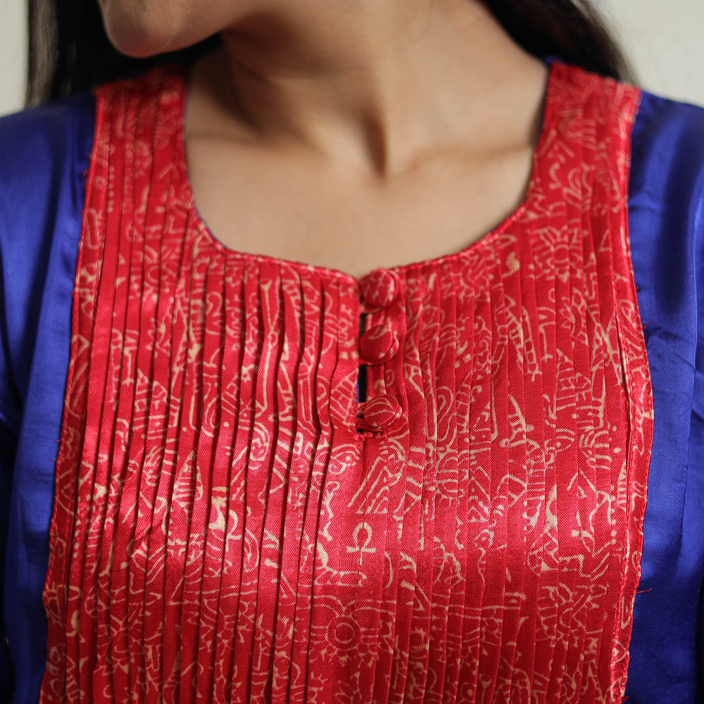 Blue - Plain Modal Silk Straight Kurta with Ajrakh Pintuck Patchwork 04