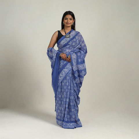 Blue - Cotton Hand Batik Print Saree 04