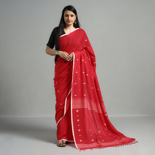 Red - Phulia Jamdani Handloom Cotton Saree