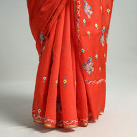 Orange - Kashidakari Hand Embroidery Pure Chanderi Silk Block Printed Saree with Zari Border 07