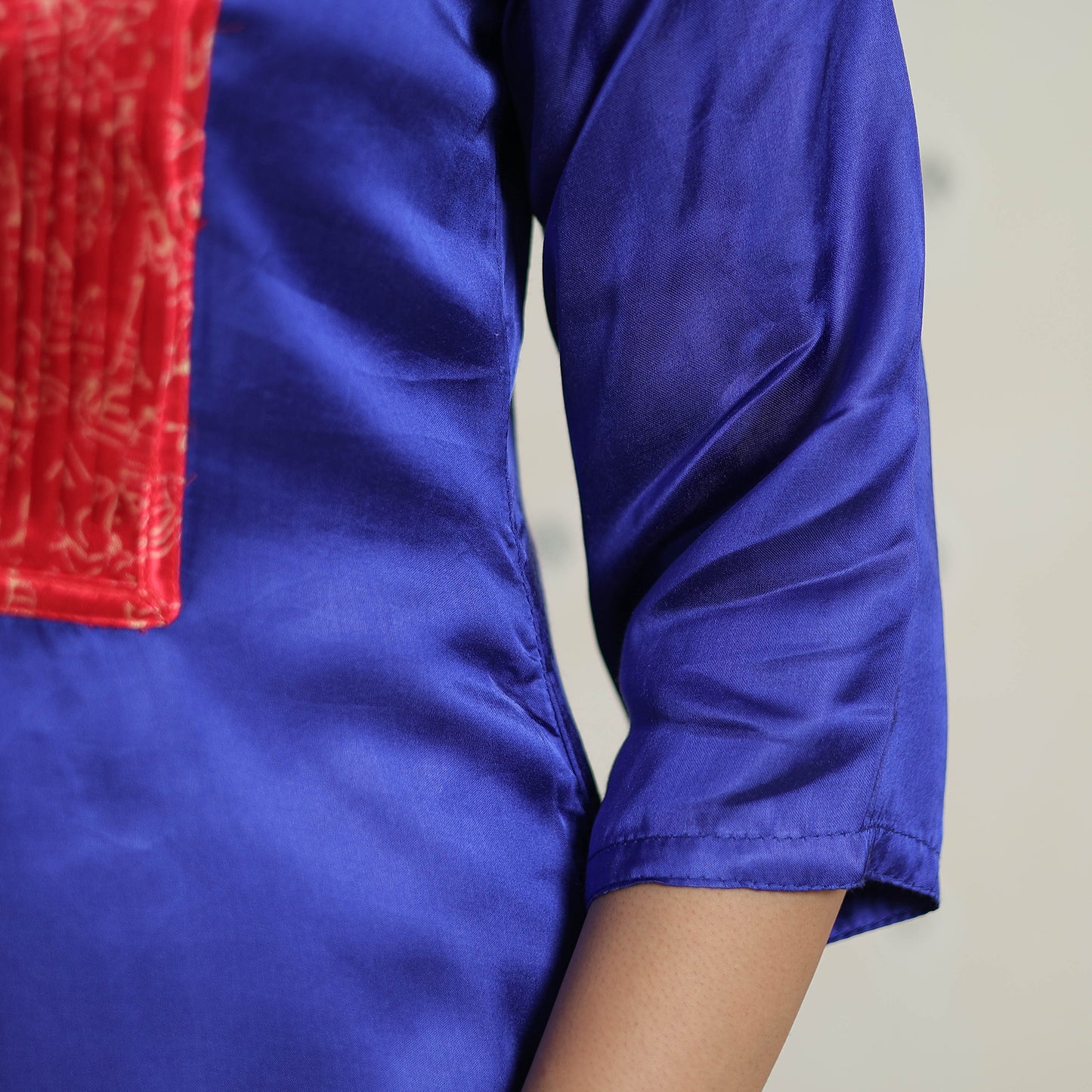 Blue - Plain Modal Silk Straight Kurta with Ajrakh Pintuck Patchwork 04