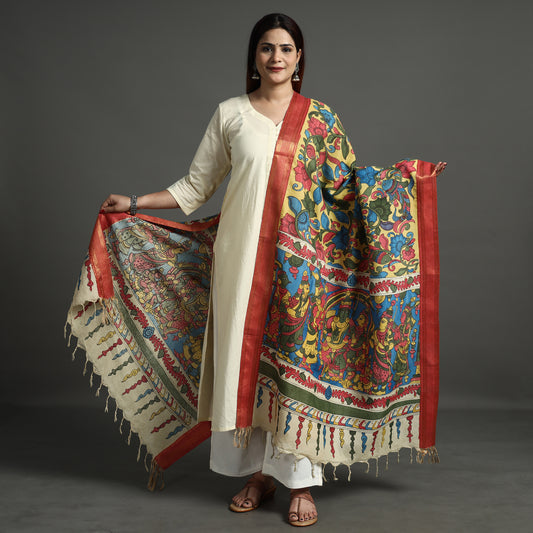 Multicolor - Srikalahasti Pen Work Kalamkari Chanderi Silk Handpainted Zari Border Dupatta with Tassels 52