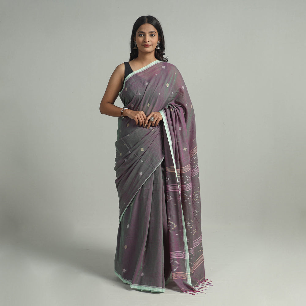 Grey - Handloom Cotton Phulia Jamdani Saree with Tassels 04