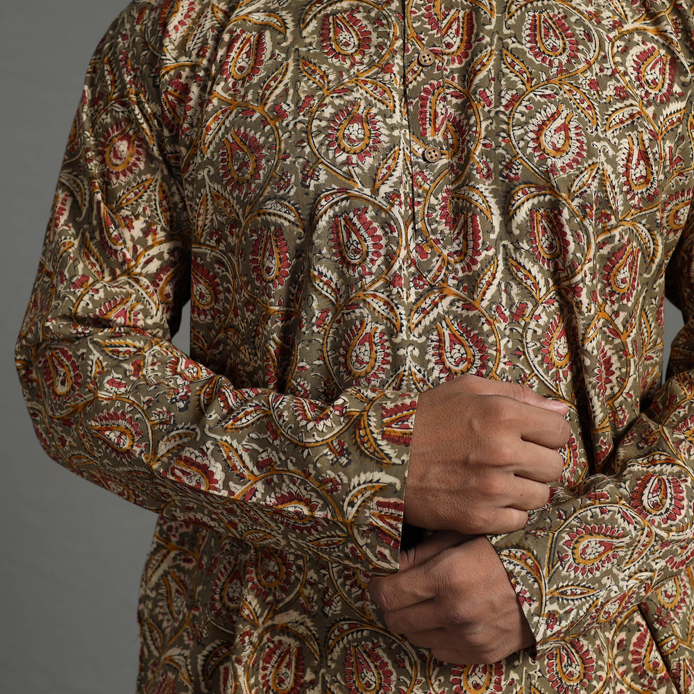 Brown - Kalamkari Block Printed Cotton Men Short Kurta