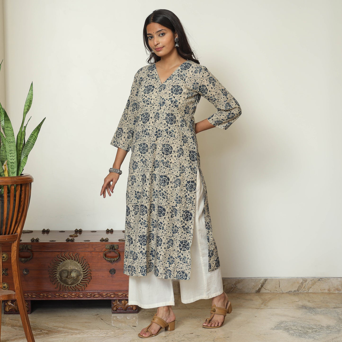 Beige - Kalamkari Block Printed Cotton Long Straight Kurta 61