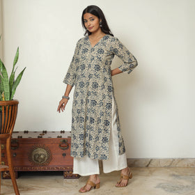Beige - Kalamkari Block Printed Cotton Long Straight Kurta 61