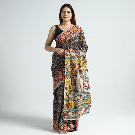 Black - Kalamkari Printed Cotton Saree with Blouse Piece 24