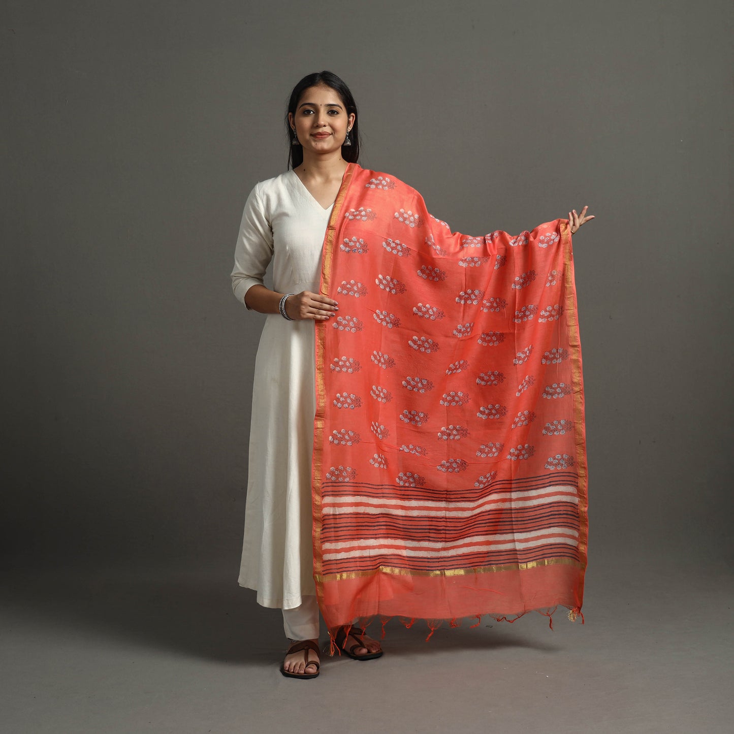 Orange - Block Printed Chanderi Silk Sanganeri Dupatta 57