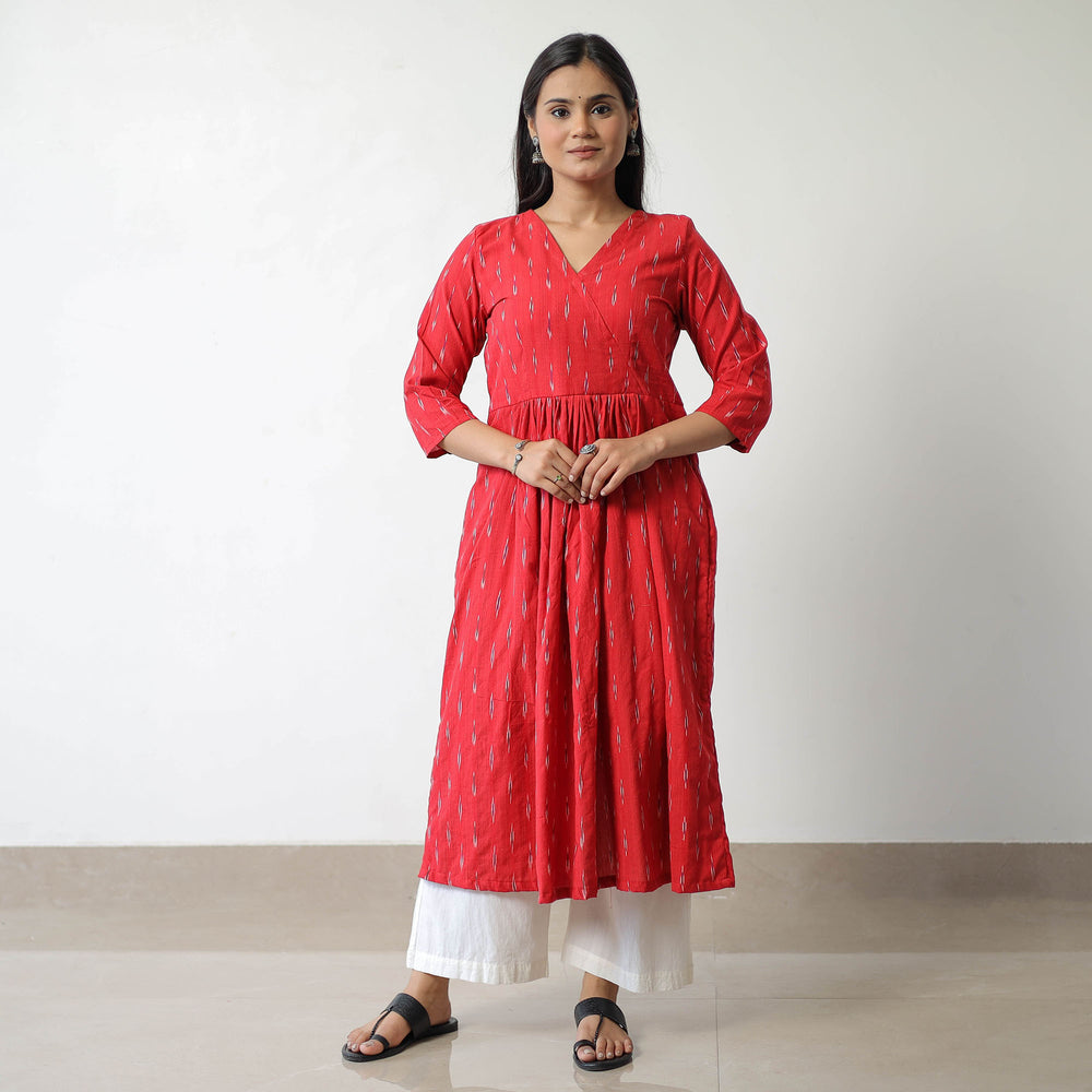 Red - Pochampally Ikat Weave Cotton A-Line Kurta 08