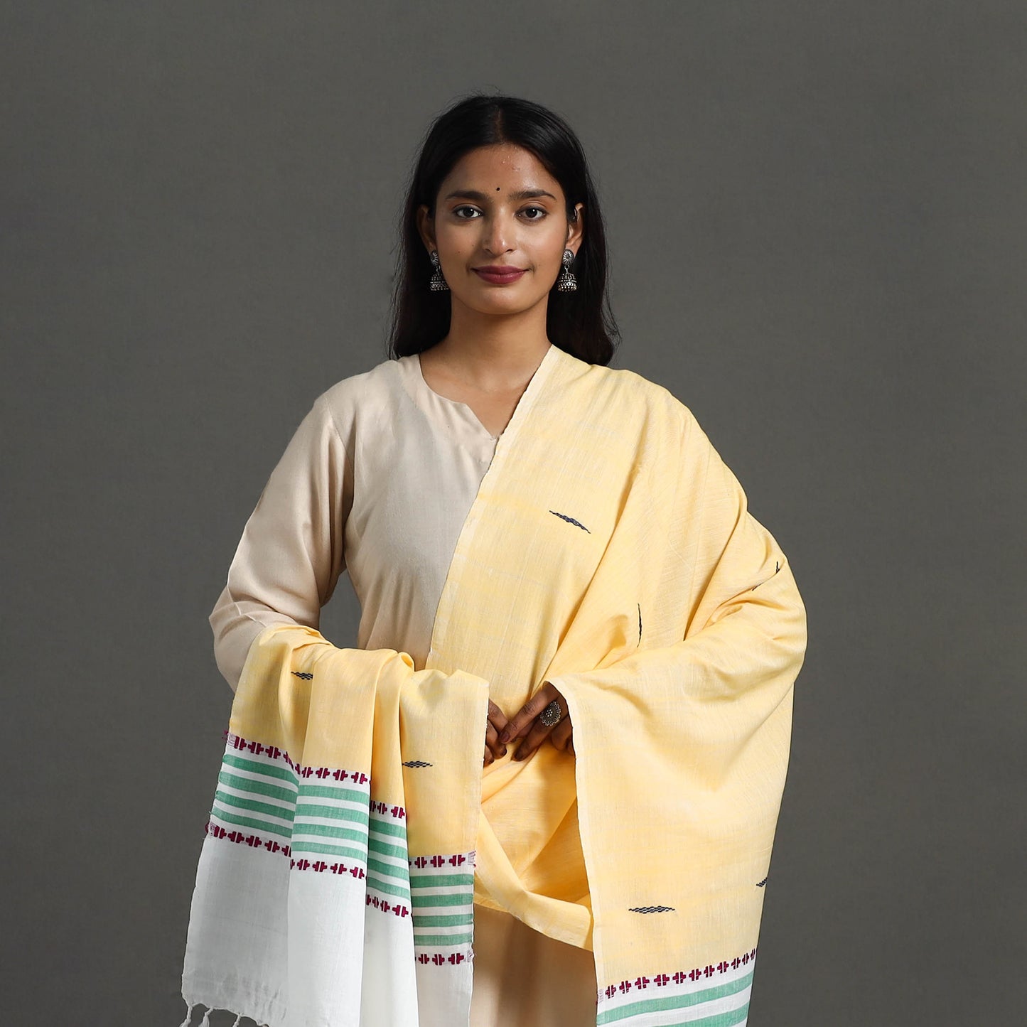 Yellow - Assam Weave Thread Buti Cotton Handloom Dupatta 08