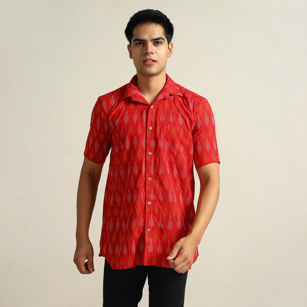 Red - Pochampally Ikat Weave Cotton Men Half Sleeve Shirt 09