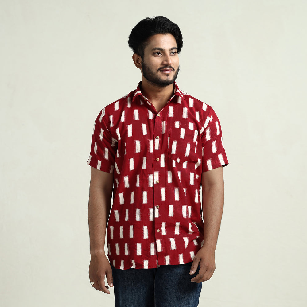 Red - Pochampally Double Ikat Handloom Cotton Men Half Sleeve Shirt 37