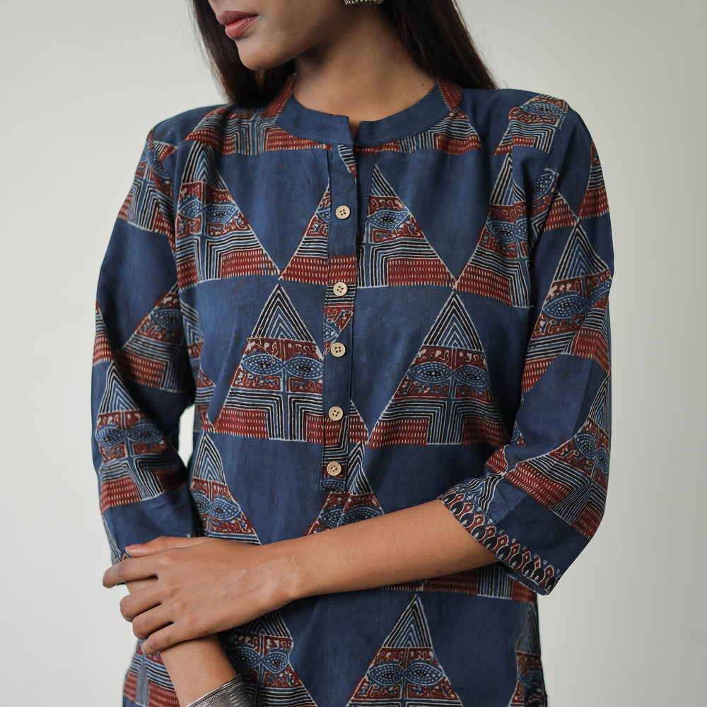 Blue - Block Printed Cotton Straight Ajrakh Kurta 04