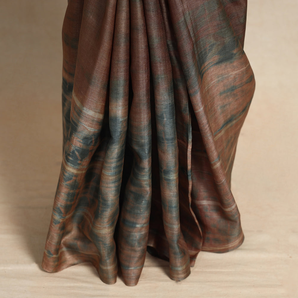 Brown - Shibori Tie-Dye Tussar Silk Handloom Saree